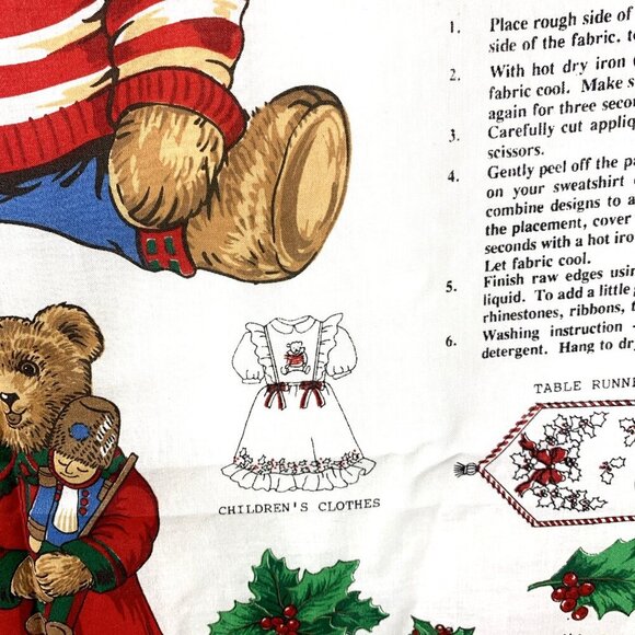 Peppermint Teddy Appliques Fabric Panel 35"x44" Christmas Bows Holly Bears - Picture 5 of 8